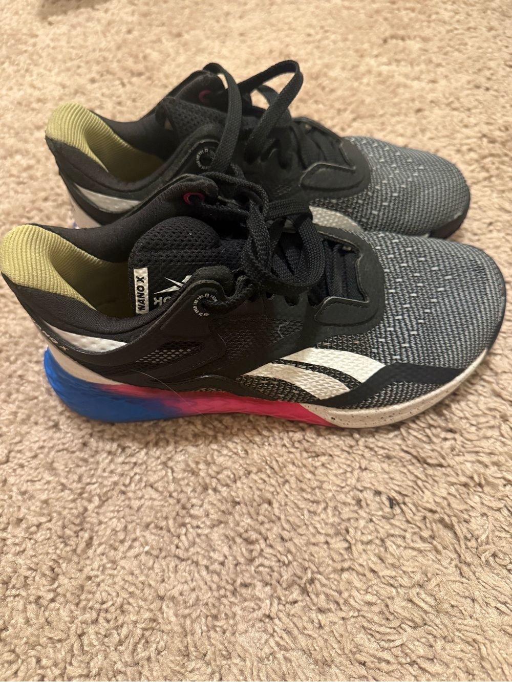 Reebok Nano X Black, Gray Sneakers with Blue and Pink Midsole Size 5.5